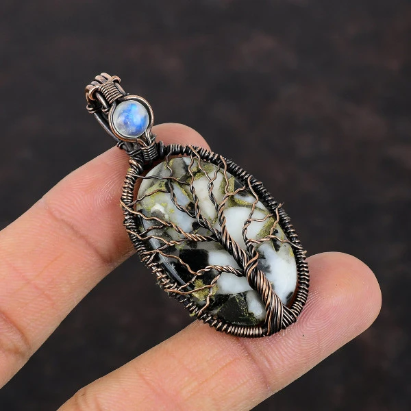 Tree Of Life Copper Black & White Turquoise Gemstone Wire Wrap Pendant Moonstone Jewelry