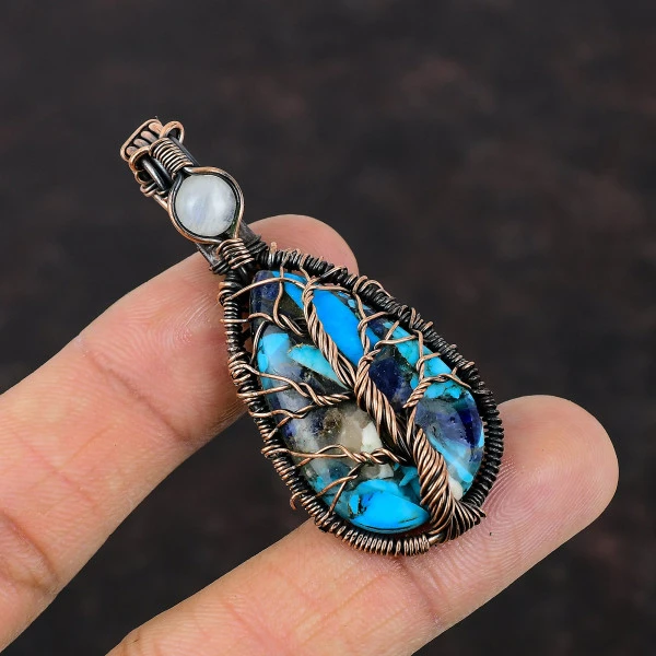 Copper Blue Turquoise Wire Wrapped Pendant Moonstone Gemstone Copper Tree Of Life Jewelry