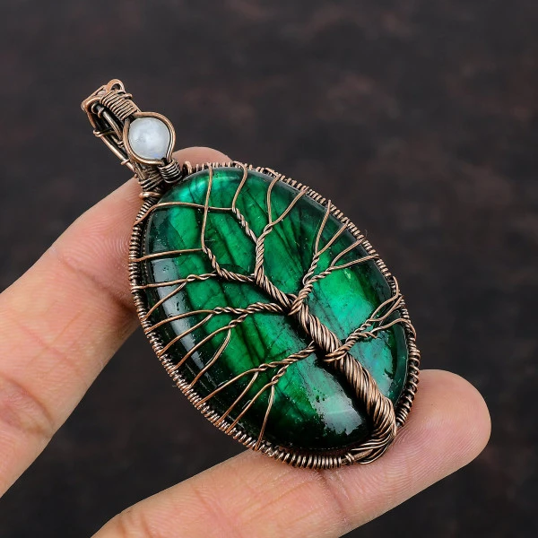 Green Fire Labradorite Gemstone Copper Pendant Wire Wrapped Jewelry Tree Of Life Pendant