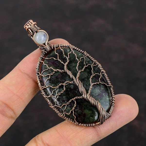 Eudialyte Copper Pendant Wire Wrapped Moonstone Gemstone Jewelry Tree Of Life Jewelry