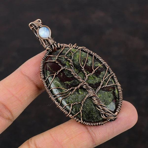 Tree Of Life Dragon Bloodstone Wire Wrapping Pendant Rainbow Moonstone Copper Jewelry