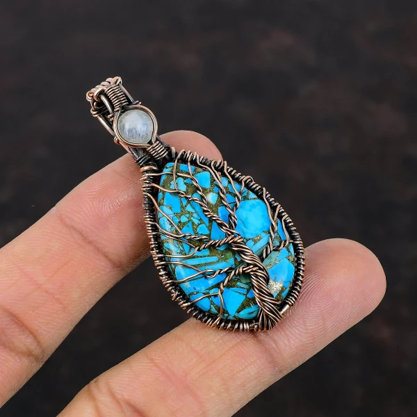 Copper Blue Turquoise Wire Wrap Pendant Moonstone Pendant Gemstone Tree Of Life Jewelry