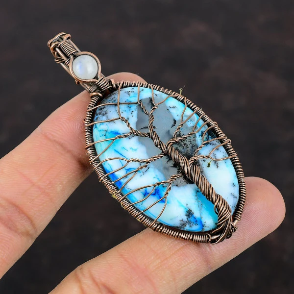 Tree Of Life Blue Dendrite Opal Pendant Moonstone Copper Jewelry Wire Wrapped Pendant