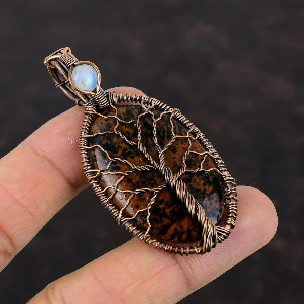 Mahogany Obsidian Gemstone Copper Wire Wrapped Pendant Moonstone Tree Of Life Pendant