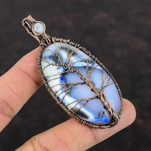 Blue Dendrite Opal Copper Wire Wrapped Pendant Moonstone Gemstone Tree Of Life Pendant