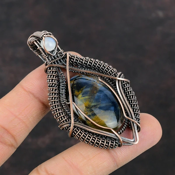 Pietersite Oval Black Handmade Copper Wire Wrapped Pendant