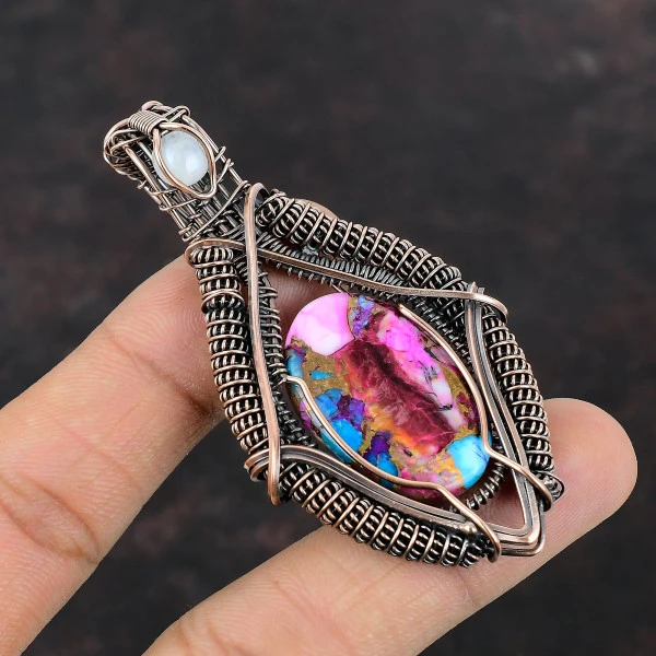 Kingman Pink Dahlia Turquoise Oval Pink Handmade Copper Wire Wrapped Pendant