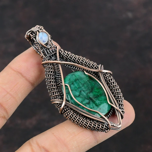Zambian Emerald Oval Green Handmade Copper Wire Wrapped Pendant