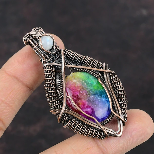 Rainbow Solar Quartz Druzy Oval Green Handmade Copper Wire Wrapped Pendant