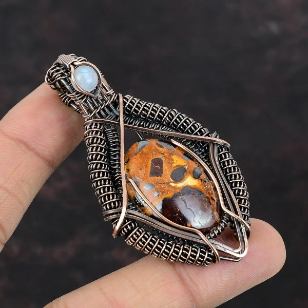 Bauxite Oval Red Handmade Copper Wire Wrapped Pendant