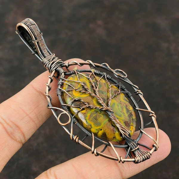 Fruit Jasper Oval Yellow Handmade Copper Wire Wrapped Pendant