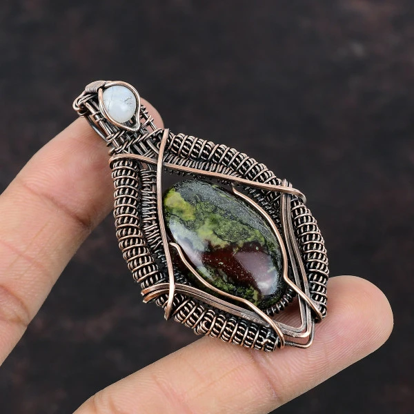 Dragon Bloodstone Oval Green Handmade Copper Wire Wrapped Pendant