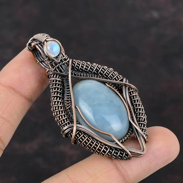 Aquamarine Oval Green Handmade Copper Wire Wrapped Pendant