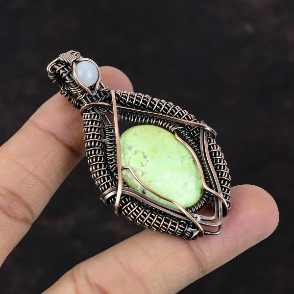 Lemon Chrysoprase Oval Green Handmade Copper Wire Wrapped Pendant