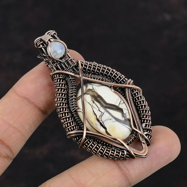 Brecciated Mookaite Oval White Handmade Copper Wire Wrapped Pendant