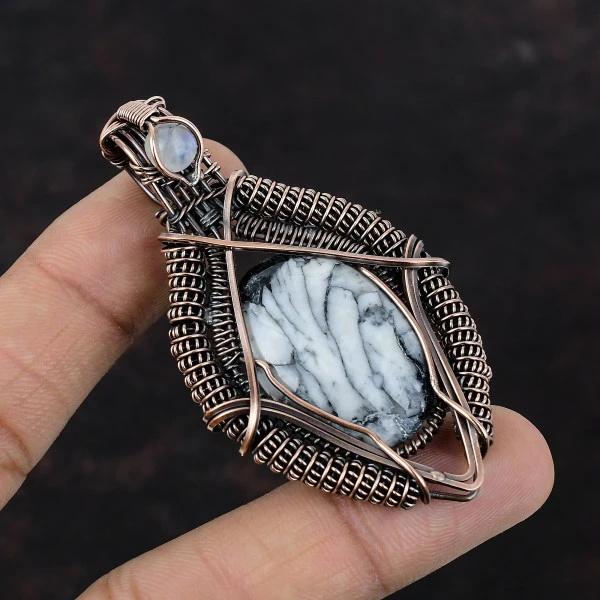 Pinolith Jasper Oval Gray Handmade Copper Wire Wrapped Pendant