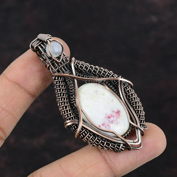Cinnabar Oval White Handmade Copper Wire Wrapped Pendant