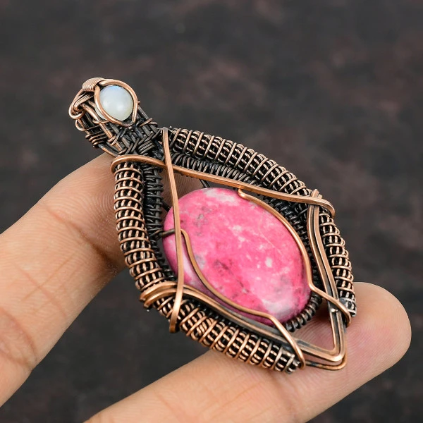Thulite Oval Pink Handmade Copper Wire Wrapped Pendant