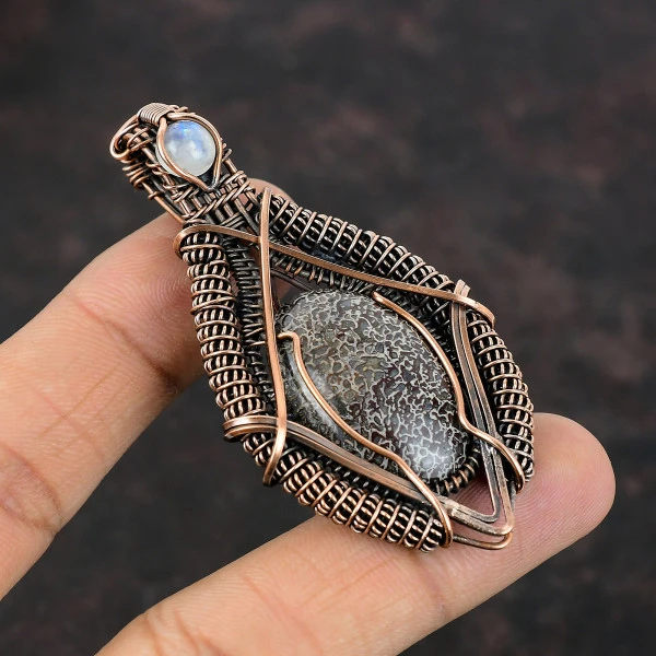 Dinosaur Bone Oval Black Handmade Copper Wire Wrapped Pendant