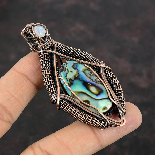 Abalone Shell Oval Green Handmade Copper Wire Wrapped Pendant