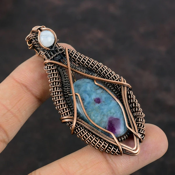 Ruby In Blue Kyanite Oval Blue Handmade Copper Wire Wrapped Pendant