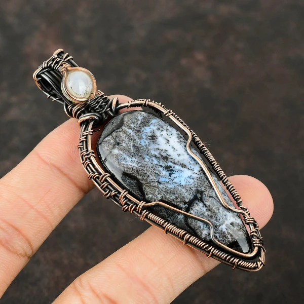 Blue Dendrite Opal Oval Blue Handmade Copper Wire Wrapped Pendant