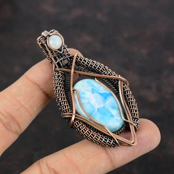 Larimar Oval Blue Handmade Copper Wire Wrapped Pendant