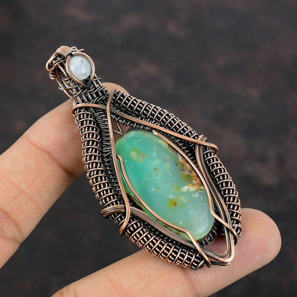 Chrysoprase Oval Green Handmade Copper Wire Wrapped Pendant