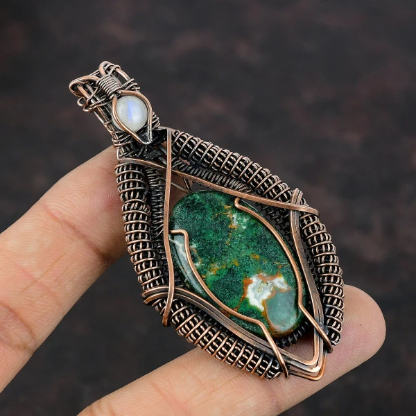 Cuprite Chrysocolla Oval Green Handmade Copper Wire Wrapped Pendant