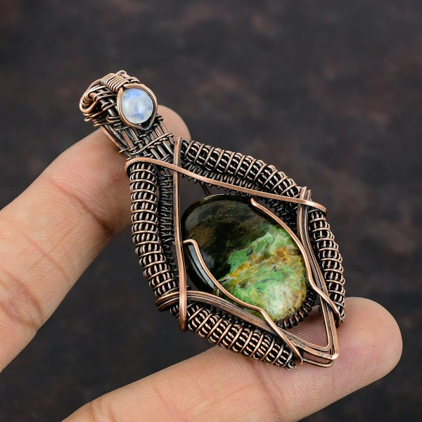 Australian Chrome Chalcedony Oval Green Handmade Copper Wire Wrapped Pendant