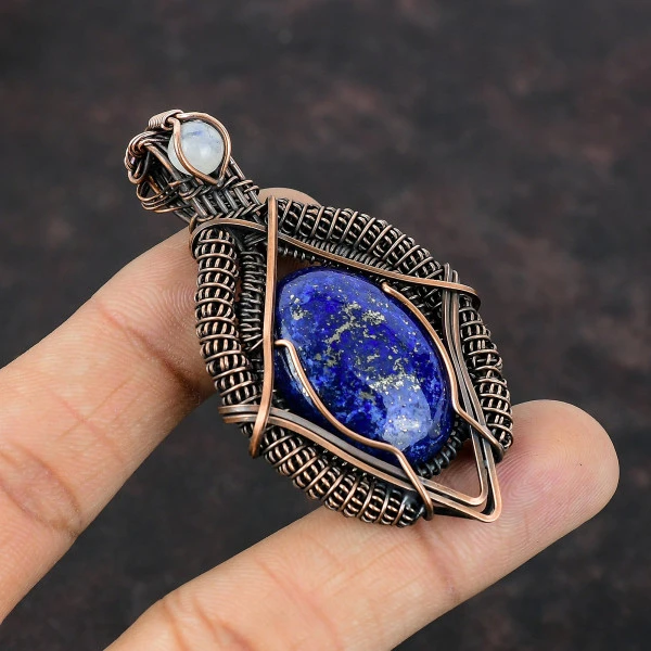 Lapis Lazuli Oval Blue Handmade Copper Wire Wrapped Pendant