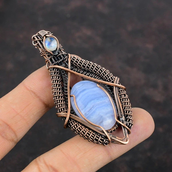 Blue Lace Agate Oval Blue Handmade Copper Wire Wrapped Pendant