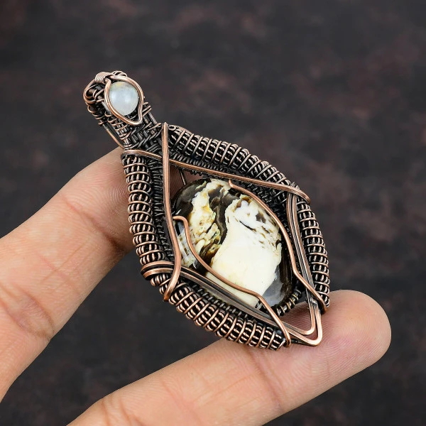 Peanut Wood Jasper Oval Brown Handmade Copper Wire Wrapped Pendant