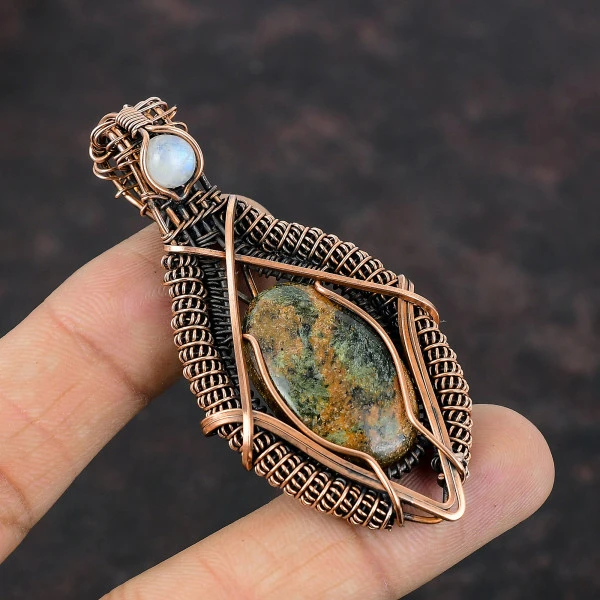 Spessartine Garnet in Limestone Oval Brown Handmade Copper Wire Wrapped Pendant
