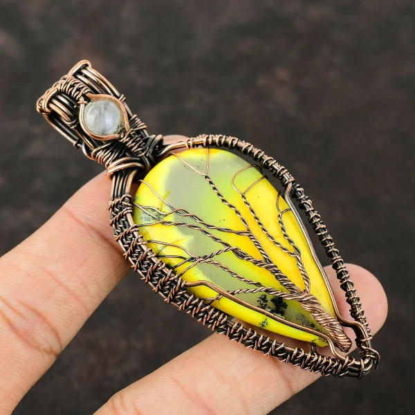 Yellow Dendrite Opal Pear Yellow Handmade Copper Wire Wrapped Pendant