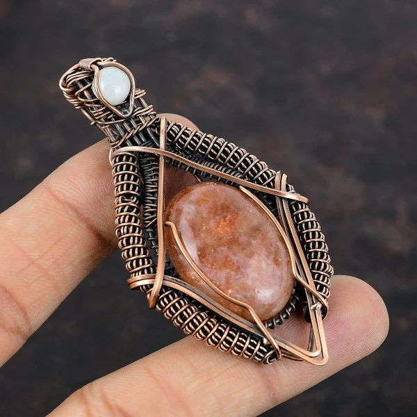 Sunstone Oval Orange Handmade Copper Wire Wrapped Pendant