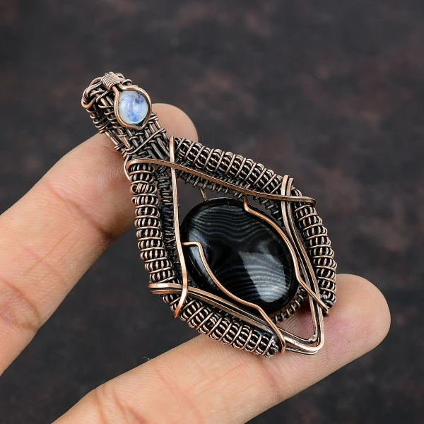 Psilomelane Oval Black Handmade Copper Wire Wrapped Pendant