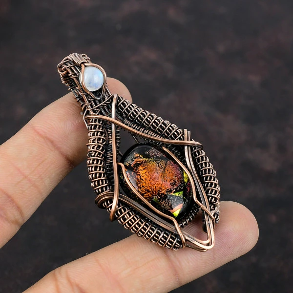 American Dichroic Glass Marquise Red Handmade Copper Wire Wrapped Pendant