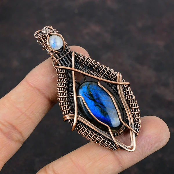 Labradorite Oval Gray Handmade Copper Wire Wrapped Pendant