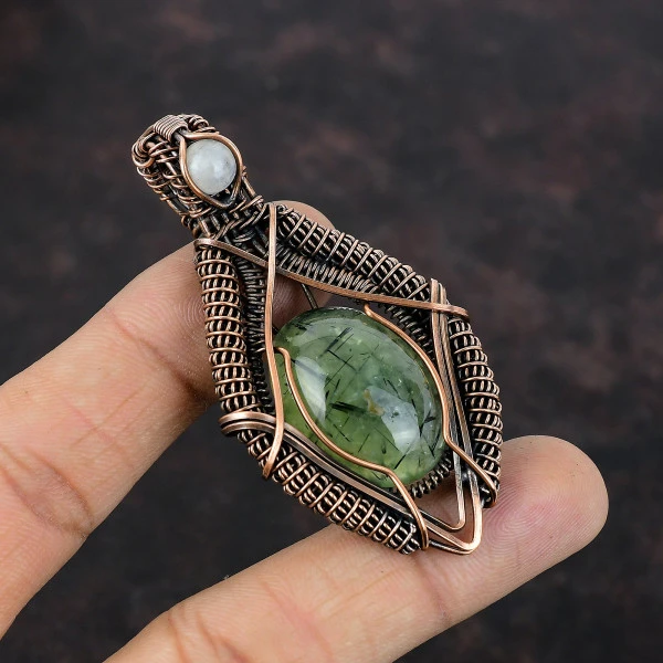 Moss Prehnite Oval Green Handmade Copper Wire Wrapped Pendant