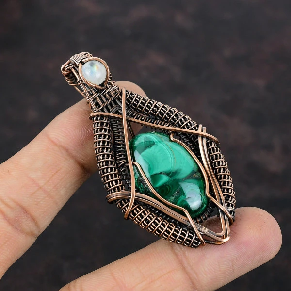 Malachite Oval Green Handmade Copper Wire Wrapped Pendant