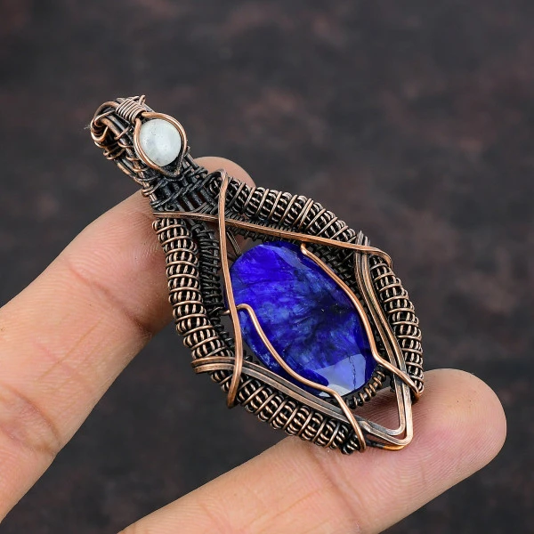 Blue Sapphire Oval Blue Handmade Copper Wire Wrapped Pendant