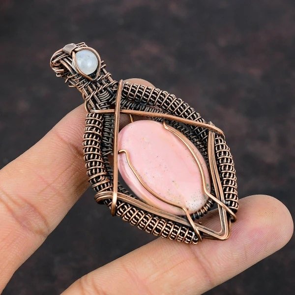 Pink Opal Oval Pink Handmade Copper Wire Wrapped Pendant