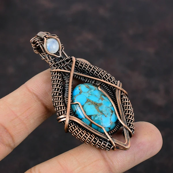 Copper Blue Turquoise Oval Blue Handmade Copper Wire Wrapped Pendant