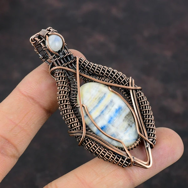 Blue Scheelite Oval White Handmade Copper Wire Wrapped Pendant