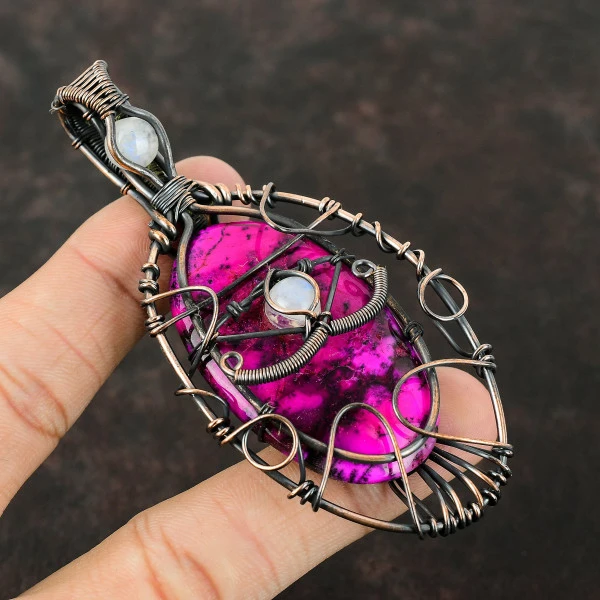 Pink Dendrite Opal Oval Pink Handmade Copper Wire Wrapped Pendant