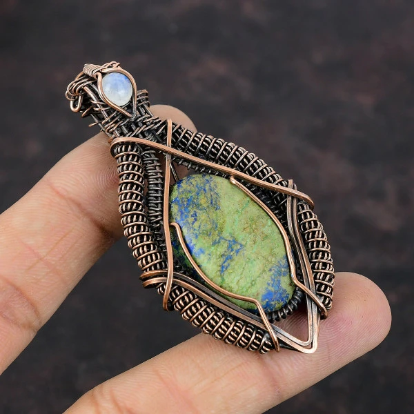 Azurite Malachite Oval Blue Handmade Copper Wire Wrapped Pendant