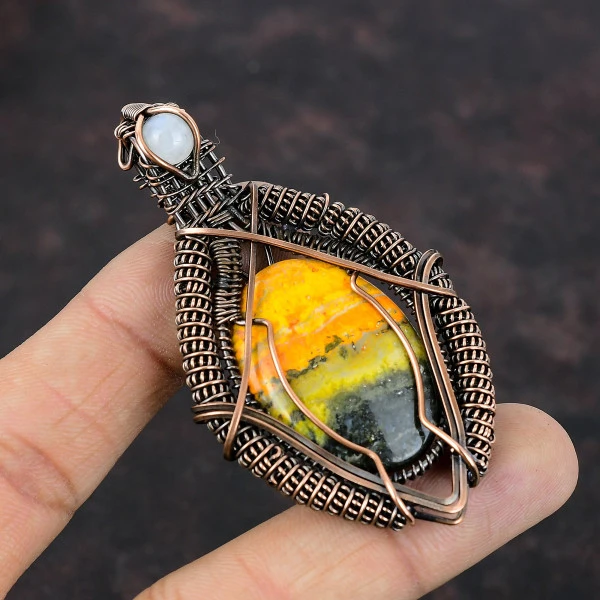 Bumble Bee Jasper Oval Yellow Handmade Copper Wire Wrapped Pendant