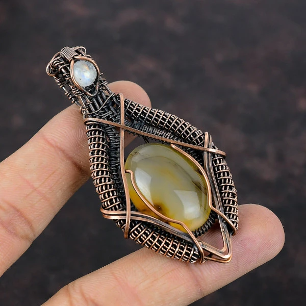 Montana Agate Oval Yellow Handmade Copper Wire Wrapped Pendant