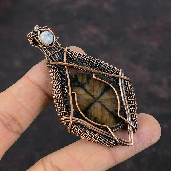 Chiastolite Pentagon Brown Handmade Copper Wire Wrapped Pendant